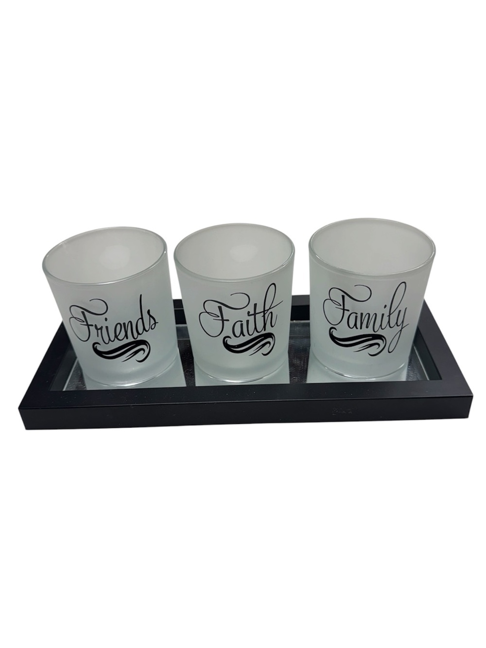 4 piece set including mirrored tray and 3 glass candle holders, pretty decor set